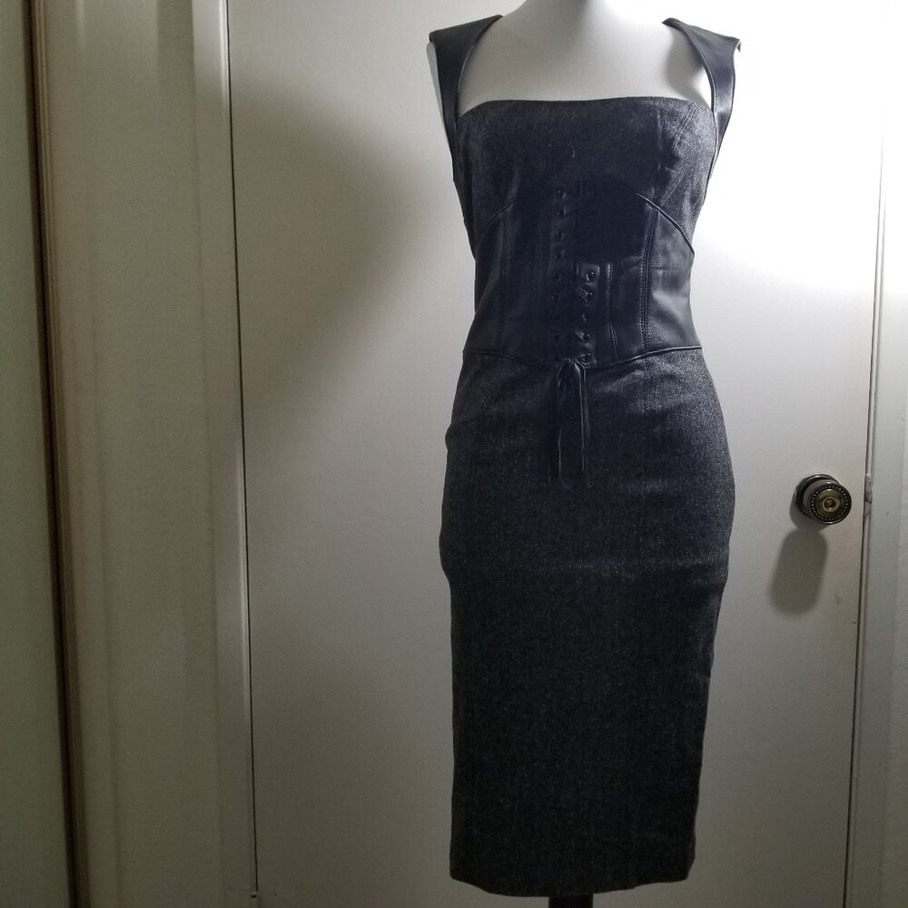 Bebe Brand pencil dress, size 4, grey with black leather